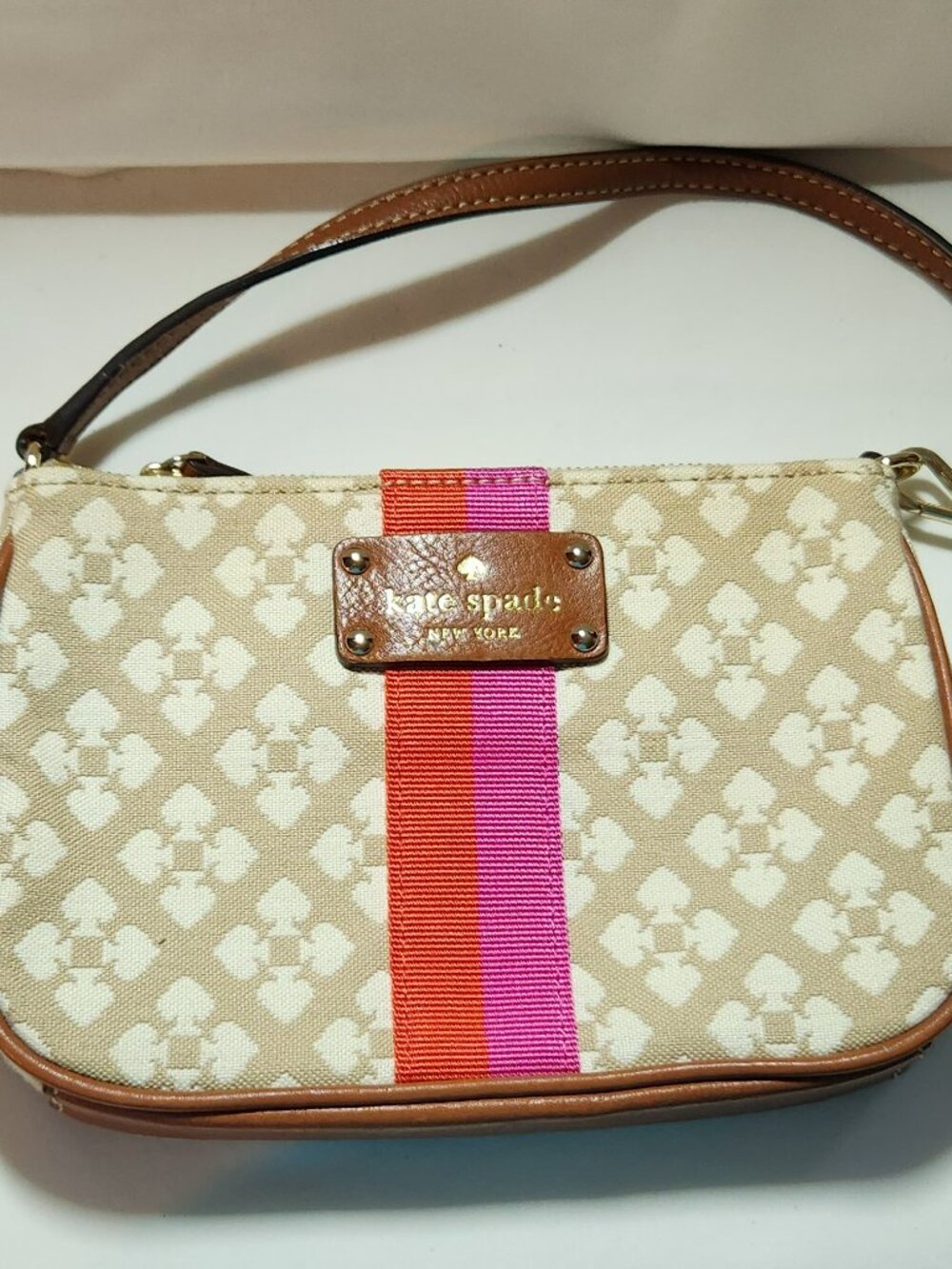 kate spade Beige Canvas Wristlet with Pink and Red Center Stripe GUC
